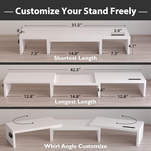 BONTEC Dual Monitor Stand Riser, Adjustable Length & Swivel Angle, Ergonomic Wooden Desktop Organizer with Smartphone Holder, Computer Monitor Stand for PC Monitor, Laptop, Printer, Large Storage - color: White