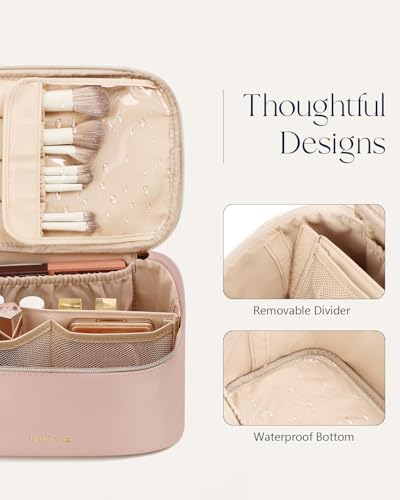 Prite Makeup Bag, Large Capacity Portable Travel Cosmetic Bag, Waterproof Makeup Organizer for Women with Handle and Divider (002 Pearl Pink) - color: 002 Pearl Pink