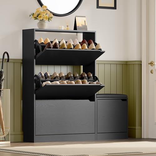 BORNOON Shoe Cabinet with Bench and 3 Flip Drawers, Slim Narrow Shoe Storage Cabinet, Freestanding Shoe Rack Organizer with Adjustable & Removable Shelves, Anti-Tip for Entryway, Hallway, Foyer - color: Black, size: 3-Drawer - Bench