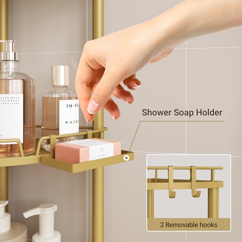 ELYKEN Corner Shower Caddy Standing, 4 Tier Rustproof Metal Shower Organizer with Soap Holder, Floor Shower Corner Shelf Rack Storage Stands with Adjustable Feet & 2 Hooks for Bathroom, Gold - color: Gold, size: 4 Tier