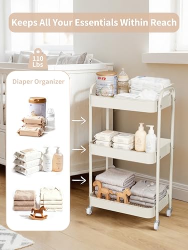 Fortella Baby Diaper Caddy, 3 Tier Rolling Storage Cart for Baby Essentials, Diaper Cart with Detachable Dividers, Storage Organizer & Baby Bottle Organizer for Bedroom, Living Room (Beige)
