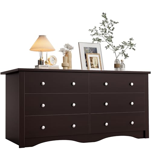 YESHOMY 6 Drawer Dresser for Bedroom, Wood Dresser, Chest of Drawers Storage Organizer, TV Stand for 55 inch TV, for Living Room, Hallway, Closet (Dark Brown) - color: Dark Brown