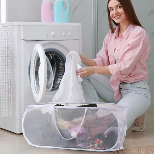 FACULX 2 Pack Collapsible Mesh Laundry Basket, 3 Compartments up Mesh Hamper with Handles, up Hamper for Laundry Room, Bathroom, Room, College Dorm or Travel (White) - color: white