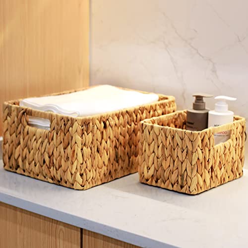 HOONEX Water Hyacinth Storage Baskets, Wicker Baskets for Storage, Hand Woven Baskets with Carry Handles, Set of 3, Natural - color: Natural (Water Hyacinth), size: 17"D x 12.2"W x 7.5"H