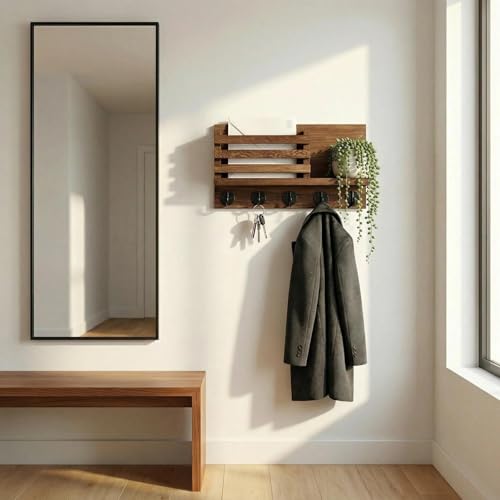 Wall Key and Mail Holder, Mail Organizer with 5 Metal Key Hooks, Selected Tung Wood, 11.8 x 6.7 inches, Includes mounting Hardware (Brown) - color: Brown
