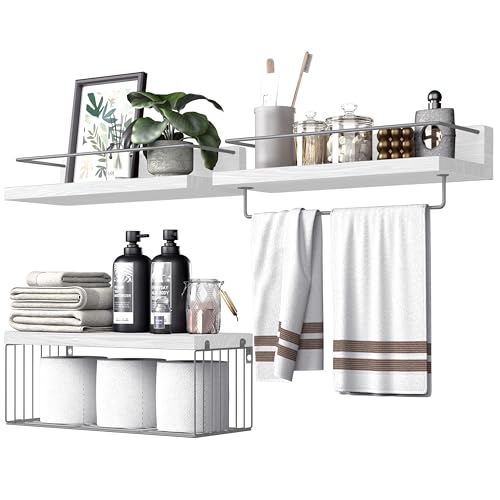 PopiShelves Bathroom Shelves Over Toilet for Wall, Floating Shelves with Storage Basket Paper Holer for Kitchen Living Room, Bedroom & Classroom, Set of 3 (White and Grey) - color: White and Grey, size: 15.7"