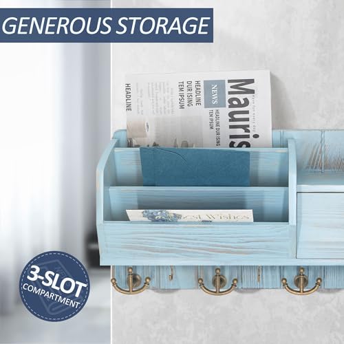 Rebee Vision Key Holder Wall Mount with Mail Sorter - Decorative Mail and Key Organizer for Wall with Hooks and Drawer Organizer - Ideal Storage Solution for Home Improvement (Distressed Blue) - color: Distressed Black