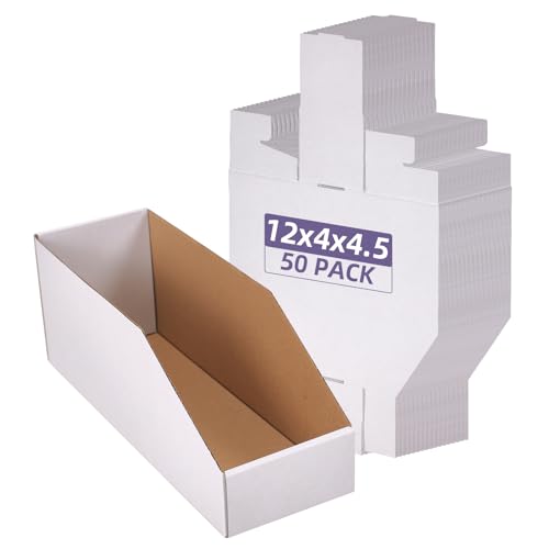 EXYGLO Cardboard Storage Bins 50 Pack, 12x4x4.5 Inch Cardboard Boxes, Corrugated Organizer Bins for Pantry, Shelves, Garage, Office, Shop, White - color: 50 Pack White, size: 12x4x4.5 inches