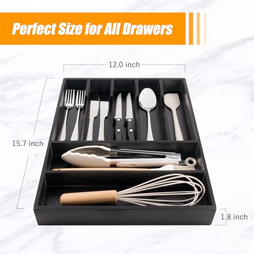 Bellsal Bamboo Silverware Drawer Organizer, Utensil Kitchen Drawer Organizer, Utensil Holder Cutlery Tray with Grooved Drawer Dividers for Kitchen Utensils and Flatware Bedroom Office (7 Slot, Black) - color: Black, size: 7 Slots