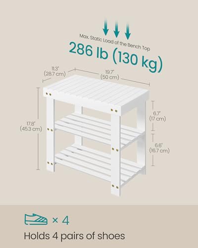 SONGMICS Shoe Rack Bench, 3-Tier Bamboo Shoe Storage Organizer, Entryway Bench, Holds Up to 286 lb, 11.3 x 19.7 x 17.8 Inches, for Entryway Bathroom Bedroom, Cloud White ULBS001W01 - color: Cloud White, size: 19.7"W