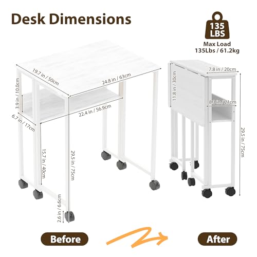 Folding Desk Small Rolling Desk with Storage Shelf,24.8 Inch Foldable Computer Table with Wheels,Portable Office Desk for Small Space Sofa Table,Easy to Fold,Writing Work Office Computer Desk,White - color: 24.8" White
