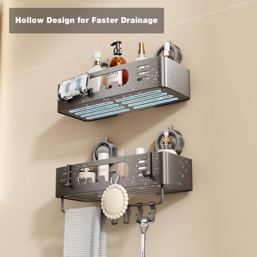 Voldra Shower Caddy Suction Cup, Shower Shelves for Inside Shower No Drilling, Aluminum Suction Showers Organizer for Wall with Towel Bar & Hooks Removable Bathroom Storage Rack(2 Pack-Gray) - color: Grey-Rectangle, size: 2 Pack