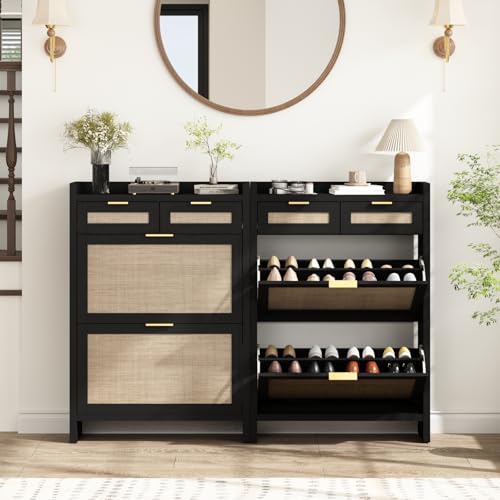 HOKYHOKY Rattan Shoe Storage Cabinet with 2 Drawers & 2 Flip Drawers – Hidden Slim Shoe Organizer for Entryway, Large Tabletop Space, Farmhouse Boho Narrow Shoe Rack, Rustic Black - color: Rustic Black, size: 2 Flips