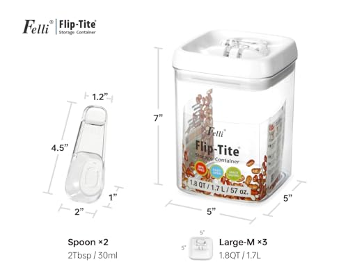 Felli Flip Tite Storage Container with Built-In Spoon & Airtight Lid 5” Large-M Ring Flip Top, Stackable Acrylic Canister for Sugar Flour Powder, Kitchen Pantry Organizer (1.8qt), 2 spoons - color: White, size: 5"
