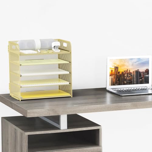 Sinboun Letter Tray Paper Organizer 5-Tier Desk Organizer File Organizer Paper Holder with Handle, Metal Desktop Document Shelf Tray Office Classroom Organization - Gold - color: Gold