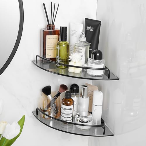 Voldra Glass Corner Shower Caddy, 2 Pack Adhesive Corner Shower Shelves for Inside Shower No Drilling, Tempered Glass Bathroom Corner Shelf with Guardrail Bathroom Shower Organizer Storage Rack(Black) - color: Glass-Corners, size: 2 Pack