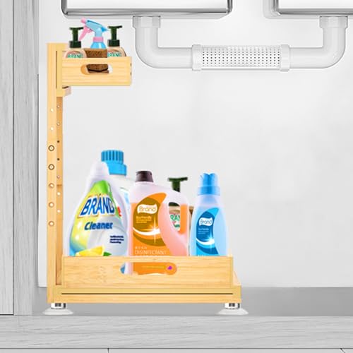 Banlilu Under Sink Organizer, Pull Out Cabinet Organizer, 2 Tier Slide Out Sink Shelf Cabinet Storage Shelves, Storage for Kitchen Bathroom, Natural Premium Bamboo Wood - color: Natural