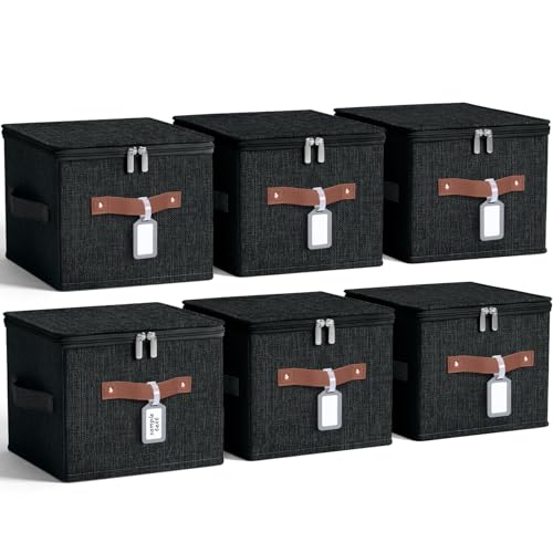 6 Pack Fabric Closet Storage Bins with Zipper Lids and Label, 15x10x10In Large Size Foldable Cotton Linen Storage Cubes Boxes with PU Leather Handles Holder for Bedroom, Shelf, Nursery, Black - color: Black, size: 15×10×10in