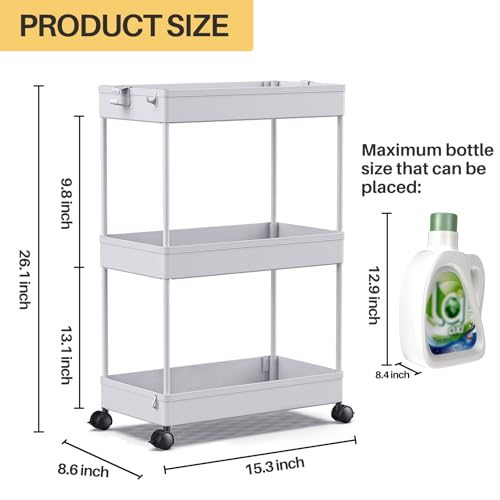 SPACEKEEPER Rolling Storage Cart 3 Tier Bathroom Cart Organizers with Wheels Laundry Room Organization Mobile Shelving Unit Utility Cart Storage Shelves Multi-Functional for Office, Home, Gray - color: Grey, size: 3 Tier
