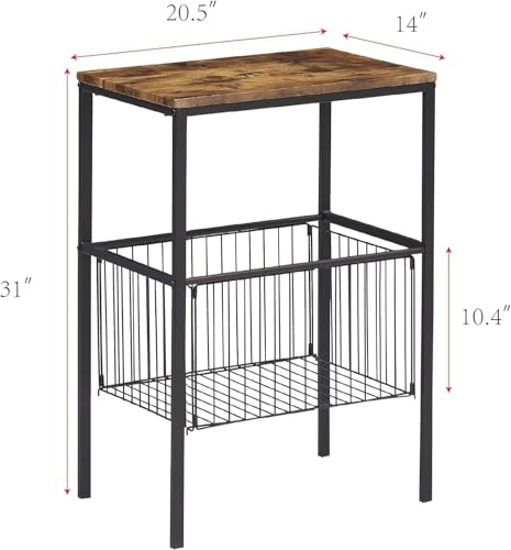 VECELO Tall End Table with Metal Basket,Nightstand with Shelf Storage Organizer, Wood Night Stand with Metal Frame, Waterproof for Bedroom, Living Room, Bathroom - color: Classic Brown(basket), size: 1 Set