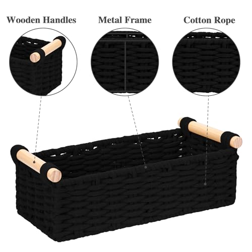Boho Cotton Rope Storage Baskets Set of 2, Woven Wicker Organizer Bins with Wooden Handles, Small Decorative Boxes for Organizing, Toilet Paper Baskets for Bathroom Countertop, Shelves (Black 2 Pack) - color: Black 2 Pack