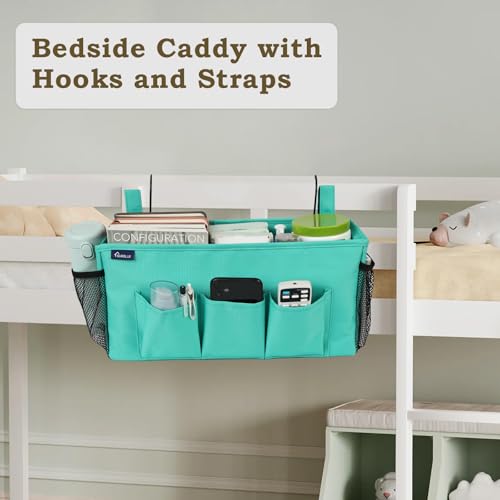 Surblue Bedside Organizer with Hook Hanging Storage Bag with Adjustable Strap and Water Bottle Holder for Home, College Dorm, Hospital Accessories, Crib Bed Rail, Green, 2PCS - color: 2Pcs Green