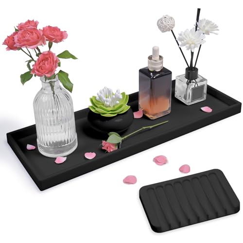 Bloss Bathroom Vanity Tray with Soap Dish-15.7X 5.9inch Silicone Tray for Kitchen Counter, Sink Vanity Trays with Soap Holder, Toilet Tank Tray, Great Counter Trays for Jewelry/Candle/Key/Perfume - color: Black, size: 15.7" x 5.9" x 0.9"