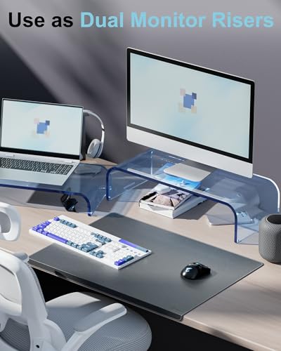 Acrylic Dual Monitor Stand Riser 2 Tier, Modular Laptop Stand for Desk, Multifunctional Desktop Organizer Shelf for PC, iMac, Printer, Detachable Monitor Stand for Office or Home, Blue - color: Blue