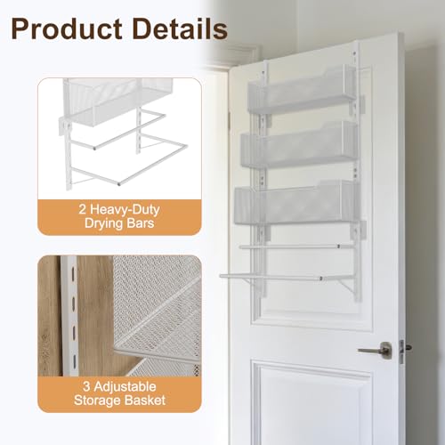 VyGrow Over the Door Storage Organizer with 3 Tier Mesh Baskets 2 Hanging Rods, 2 Mounting Options, Heavy Duty Clothes Hanger & Towel Rack for Bathroom Bedroom Office, White - color: White