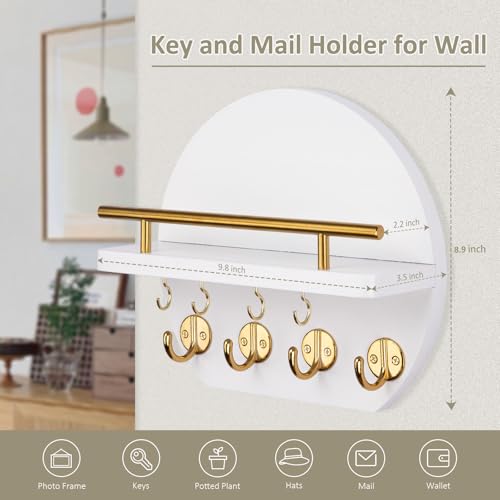 Nekon Key Holder for Wall - 9.8 Inch Apartment Wall Decor with Shelf and 8 Key Hooks, Circular Wood Key Hanger for Home Decor (White with Golden Hooks) - color: White&Gold