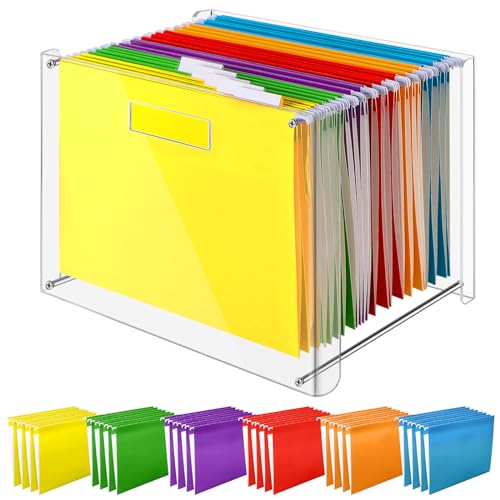 Dispowreath 24 Hanging File Folder with Acrylic Organizer for Letter/a4 Size Desktop Clear File Storage Box with Handles for Home Work Office Use(Rainbow,Classic) - color: Rainbow, style: Classic
