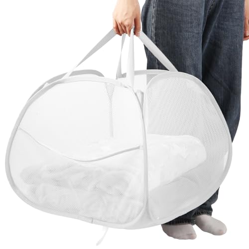 Bemkoo Collapsible Laundry Basket, 90L Large Foldable Mesh Pop Up Hamper for Laundry, Dirty Clothes, Bedroom, Bathroom, Dorm, Laundry Room, Travel, Camping, White - color: White