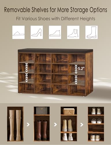 DINZI LVJ Shoe Storage Bench with Cushion, 16-Cubby Shoe Rack, Adjustable Shelves, Multifunctional Shoe Organizer Bench for Entryway, Mudroom, Hallway, Living Room, Bedroom and Garage, Rustic Brown - color: Rustic Brown, size: 16 Cubby
