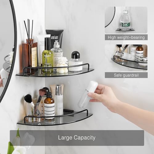 Voldra Glass Corner Shower Caddy, 2 Pack Adhesive Corner Shower Shelves for Inside Shower No Drilling, Tempered Glass Bathroom Corner Shelf with Guardrail Bathroom Shower Organizer Storage Rack(Black) - color: Glass-Corners, size: 2 Pack