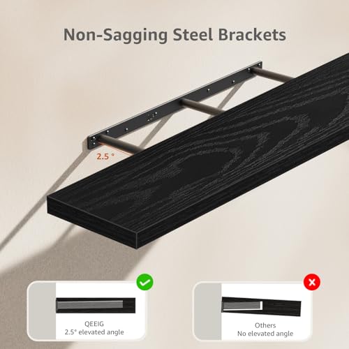 QEEIG Floating Shelves for Wall 47.2" Extra Long - Wall Mounted Shelf Bathroom Kitchen Living Room Bedroom Farmhouse Home Decor Display Bookshelf Large 47.2 x 9.3 inch Set of 2, Black (008-120B) - color: C. Black, size: 47.2"