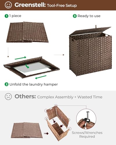 Greenstell Laundry Hamper with lid, No Install Needed, 130L Wicker Laundry Baskets Foldable 2 Removable Liner Bags, 2 Section Clothes Hamper Handwoven Rattan Laundry Basket with Handles, Brown - color: Brown, size: 130L (26.2x13.3x24.0 Inches)