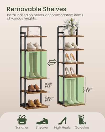 CHOEZON 6-Tier Vertical Shoe Rack, Narrow Shoe Tower, Corner Shoe Storage Organizer, Shoe Shelf, for Small Spaces, Industrial Style, for Entryway, Hallway, Living Room, Rustic Brown and Black TXJ06BF - color: Rustic Brown, Black, size: 11.7"L x 8.9"W x 40