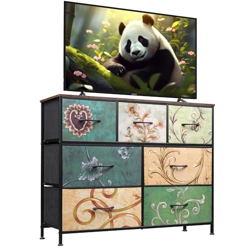 WLIVE 7 Drawer Dresser TV Stand, Entertainment Center, Media Console Table with Metal Frame and Wood Top for TV up to 45 inch, Chest of Drawers for Bedroom, Living Room, Floral Painted - color: Floral Painted