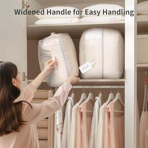 DIMJ Comforter Storage Bag 4 Pack - Blanket Storage Organizer Compression Bags, Large Capacity Ultra Space Saving Self Compression Organize for Bedding, Pillow, Duvet, Sheet Storage with Zipper Window - color: Beige, size: 66L x 4 Pack