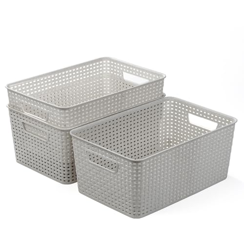BINO | Plastic Storage Baskets, 13.5 Liter - 3 Pack, Natural Grey | THE WOVEN COLLECTION | Storage Basket for Shelves | Woven Storage Baskets for Organizing Bins Pantry Shelf Organizer | Container Bin - color: Natural Grey, size: 13.5L | 3-Pack