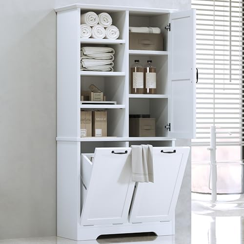 Merax Tall Storage Cabinet with Door and Open Shelf, Multi-Functional Laundry Hamper Basket for Home Bathroom, Laundry Room, White - color: White