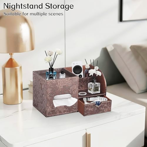 Square Tissue Box Cover with Drawer Storage and Tray on Top, PU Leather Tissues Cube Boxes Holder, Modern Nightstand Organizer Caddy, Remote Control Holder for Bathroom, Bedside, Office, Home - color: Archaize