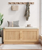 Akxomel Fluted Shoe Storage Bench with Cushion, 39.4" Entryway Bench with Adjustable Shelves and 2 Doors, Shoe Cabinet Bench with Curved Profile, for Hallway, Living Room, Bedroom, Natural Oak