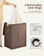 Greenstell Laundry Hamper with lid, No Install Needed, 90L Wicker Laundry Baskets Foldable 2 Removable Liner Bags, 2 Section Clothes Hamper Handwoven Rattan Laundry Basket with Handles, Brown - color: Brown, size: 90L (18.3x13.3x24.0 Inches)