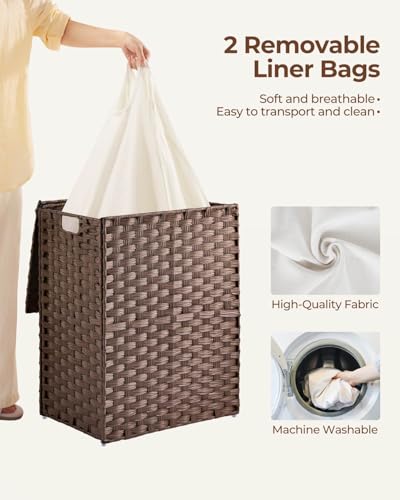 Greenstell Laundry Hamper with lid, No Install Needed, 90L Wicker Laundry Baskets Foldable 2 Removable Liner Bags, 2 Section Clothes Hamper Handwoven Rattan Laundry Basket with Handles, Brown - color: Brown, size: 90L (18.3x13.3x24.0 Inches)
