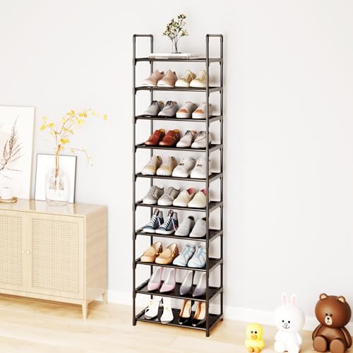 10-Tier Large Shoe Rack,20-25 Pairs Sturdy Shoe Shelf Storage Organizer,Tall Shoe Stand for Entryway, Hallway and Closet(Black) - size: 10-Tier(Black)