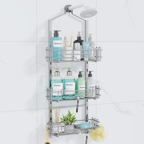 Consumest Shower Caddy Hanging – Rustproof Over Shower Head Hanger with Soap Holder and Hooks, Anti-Slip Shower Shelves for Storage, Bathroom Organizer for Apartment, Dorm, Silver - color: Silver, size: 3 Tier-Shower Head