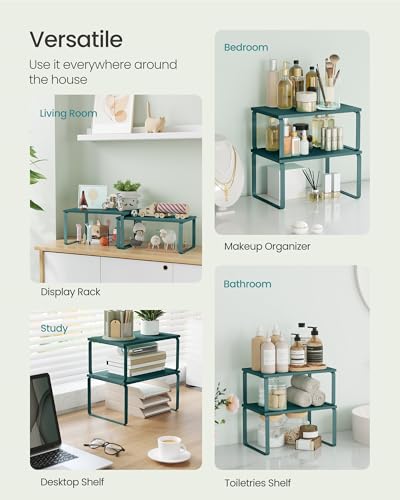 SONGMICS Cabinet Organizer Shelf, Set of 2 Kitchen Counter Shelves, Kitchen Storage, Spice Rack, Stackable, Expandable, Metal and Engineered Wood, Marrs Green UKCS002C02 - color: Marrs Green, size: 11.7"W