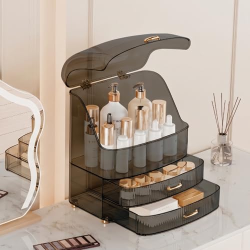 Makeup Organizer Countertop Vanity with Transparent Lid Drawers Waterproof Dustproof Cosmetic Skincare Bathroom Storage Gift for Women Teens Girls (Clear Black) - color: Clear Black