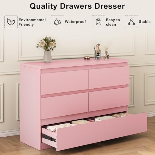 Jocoevol Modern Pink 6 Drawer Dresser - Simply Chest of Drawers for Bedroom, Closet, Living Room, Hallway, Entryway, Wood Storage Double Dresser with Smooth Metal Rails - Pink - color: Pink